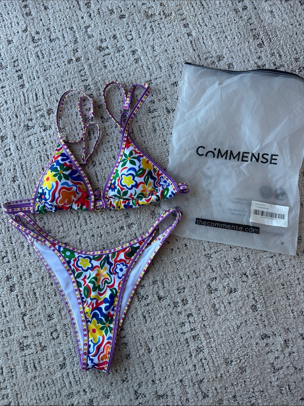 Commense Floral Multicolor Triangle Bikini Set - Purple Trim